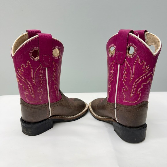 Old West Pink Brown Leather Cowboy Cowgirl Boots Toddler Girls 5 Square Toe - Picture 5 of 7